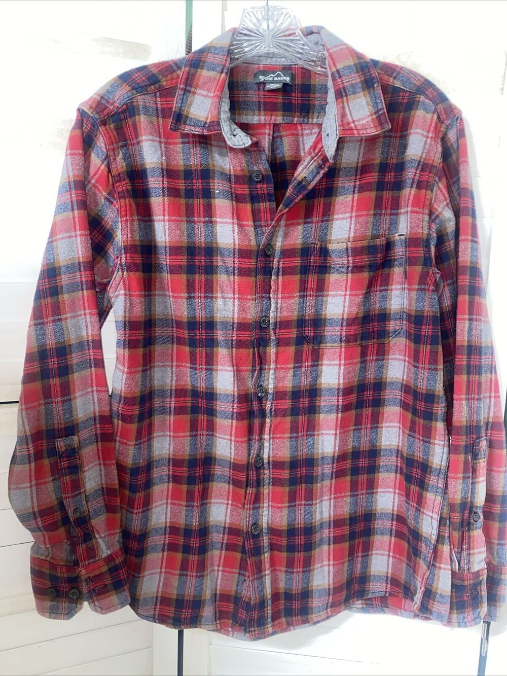 Vintage Eddie Bauer Flannel Shirt Men Red Plaid Hiking Long Sleeve Sz Medium